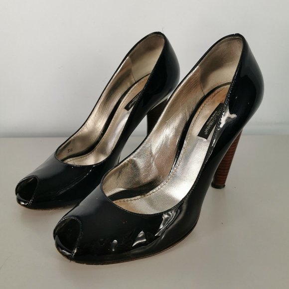 D&G Dolce Gabbana Black Patent Leather Open Toe Shoes High Heel 38 UK 5 RRP £242 - Picture 3 of 9